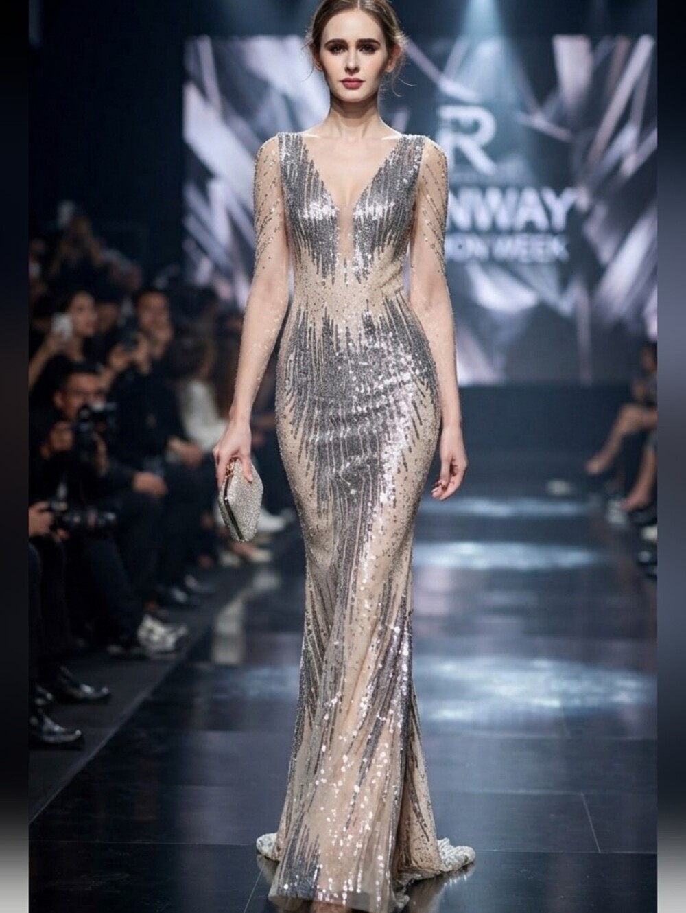 Silver/Gray Striped Print, V Neck, Backless,  Sleeveless,  Beaded, Sequined Gown